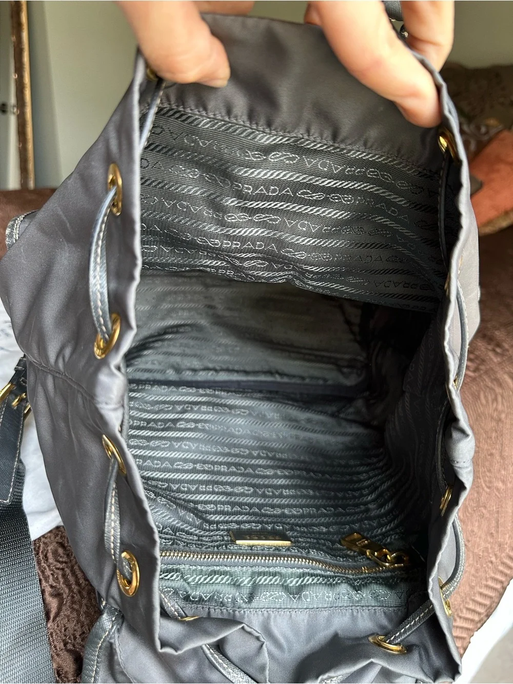Prada Gray Nylon Drawstring Backpack with Gold Hardware